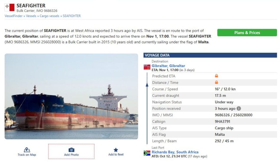 El Seafighter, un nuevo buque cargado con 170,000 toneladas de carbón para Israel, tiene previsto atracar en Gibraltar el próximo 1 de noviembre, atravesando aguas territoriales españolas