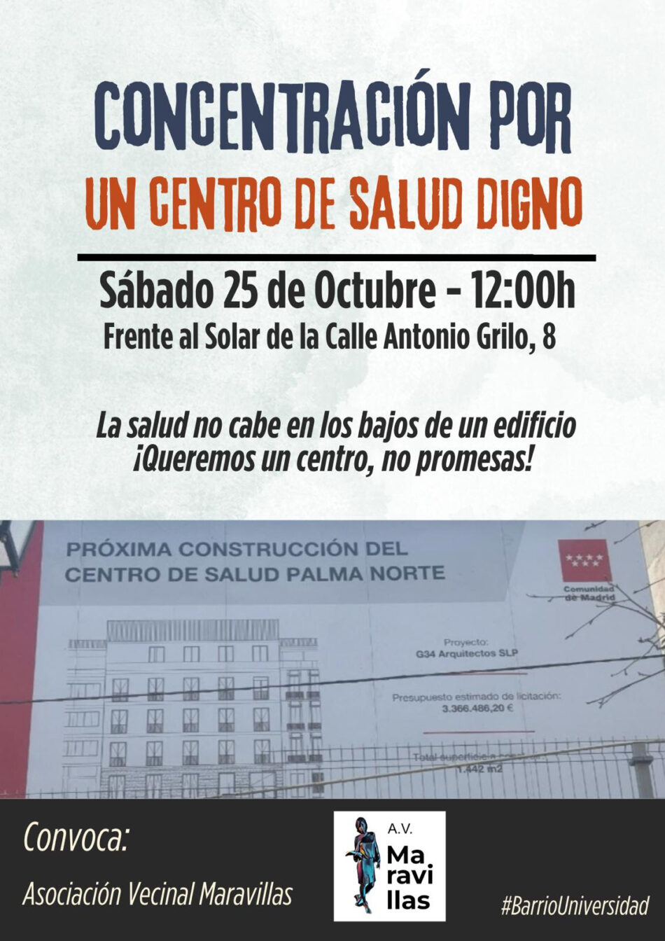 La Asociación Vecinal Maravillas de Malasaña se moviliza por un centro de salud digno frente a la Comunidad de Madrid