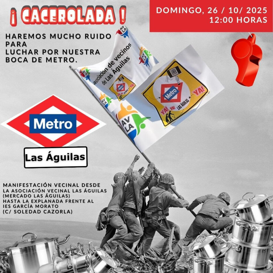 Ruido de cazuelas para exigir la llegada del metro al barrio de Las Águilas (Madrid)