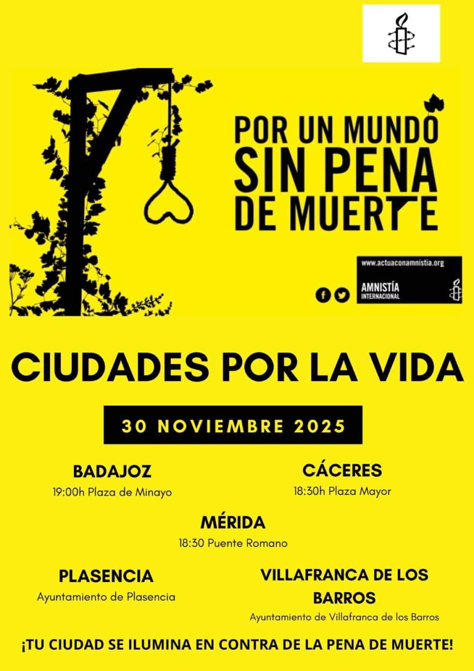Cáceres se une a la jornada mundial de Ciudades por la Vida contra la pena de muerte iluminando el Ayuntamiento