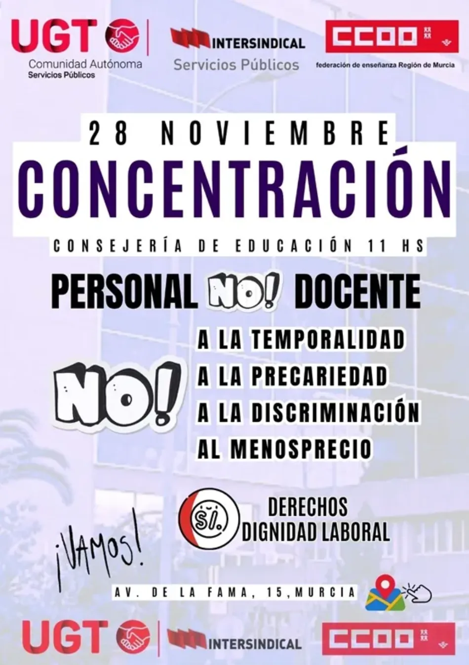 Intersindical, CCOO y UGT se concentran para reivindicar la dignificación y el reconocimiento del Personal No Docente (PND)