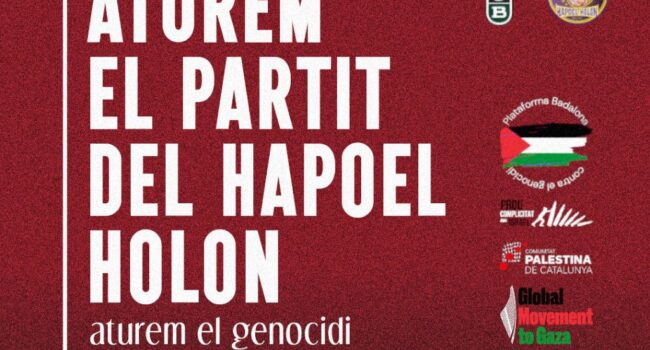 La Plataforma Badalona contra el genocidi donem suport a l’exigència de La Cantonada CJB i dels Dimonis Verds i Negres de no disputar el partit entre el Joventut de Badalona i el Hapoel Natanel Holon israelià