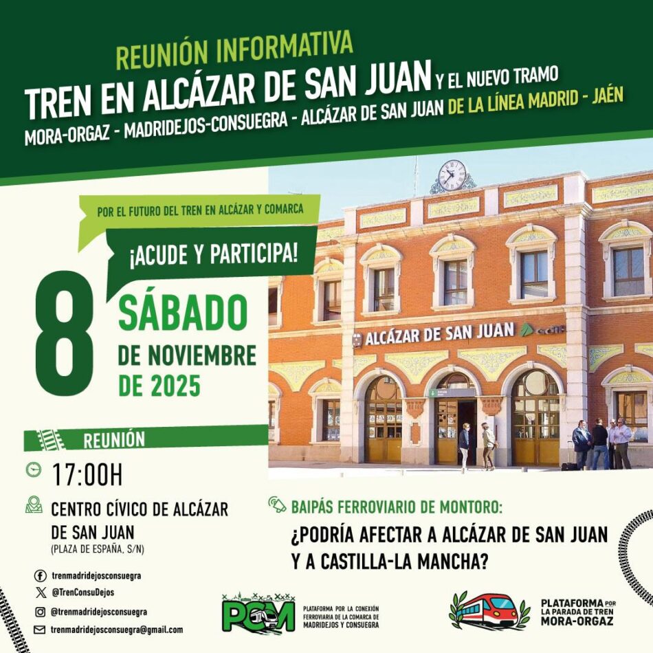 Las plataformas por el tren en Madridejos-Consuegra y en Mora-Orgaz convocan a partidos, movimientos sociales y sociedad alcazareña a una reunión informativa en Alcázar de San Juan este sábado
