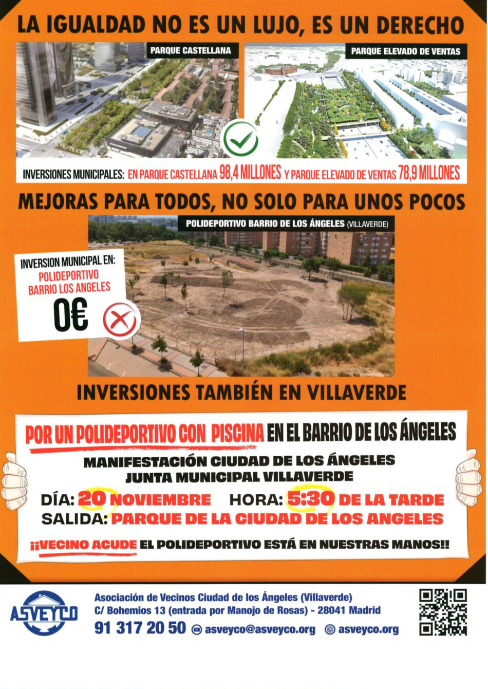 La vecindad de Ciudad de los Ángeles (Villaverde) se manifiesta para exigir la construcción de su prometido polideportivo