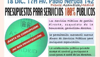 El movimiento social «tsunami por los servicios públicos» se concentrará frente a la Asamblea de Madrid contra unos presupuestos que ahondan en la desigualdad y mercantilización