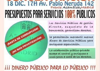 El movimiento social «tsunami por los servicios públicos» se concentrará frente a la Asamblea de Madrid contra unos presupuestos que ahondan en la desigualdad y mercantilización
