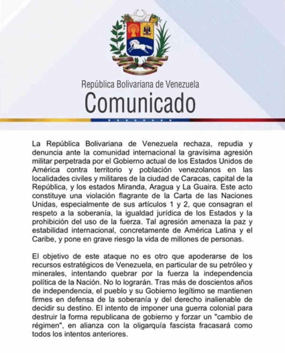 Comunicado de la República Bolivariana de Venezuela ante el ataque de EE.UU.