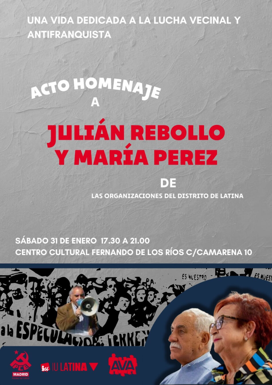 Aluche rinde homenaje a Julián Rebollo y María Pérez, toda una vida de lucha por los derechos democráticos y sociales