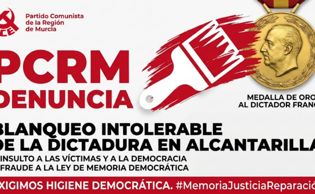El PCRM denuncia el «blanqueo intolerable» de la dictadura por parte del alcalde de Alcantarilla al mantener la medalla de oro al dictador Franco