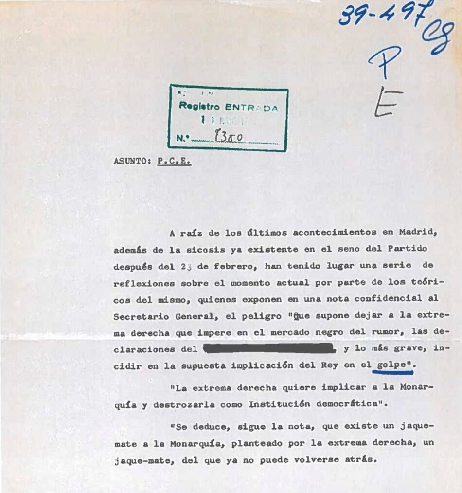 El PCE desmiente que exista el archivo sin firma del 23-F atribuido al partido; Enrique Santiago cuestiona su autenticidad y apunta una «operación de blanqueo» del Borbón