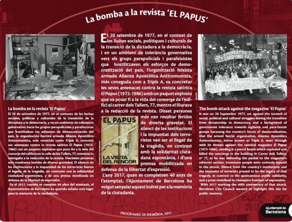 BComú demana al Govern que reposi el faristol commemoratiu de l’atemptat contra El Papus