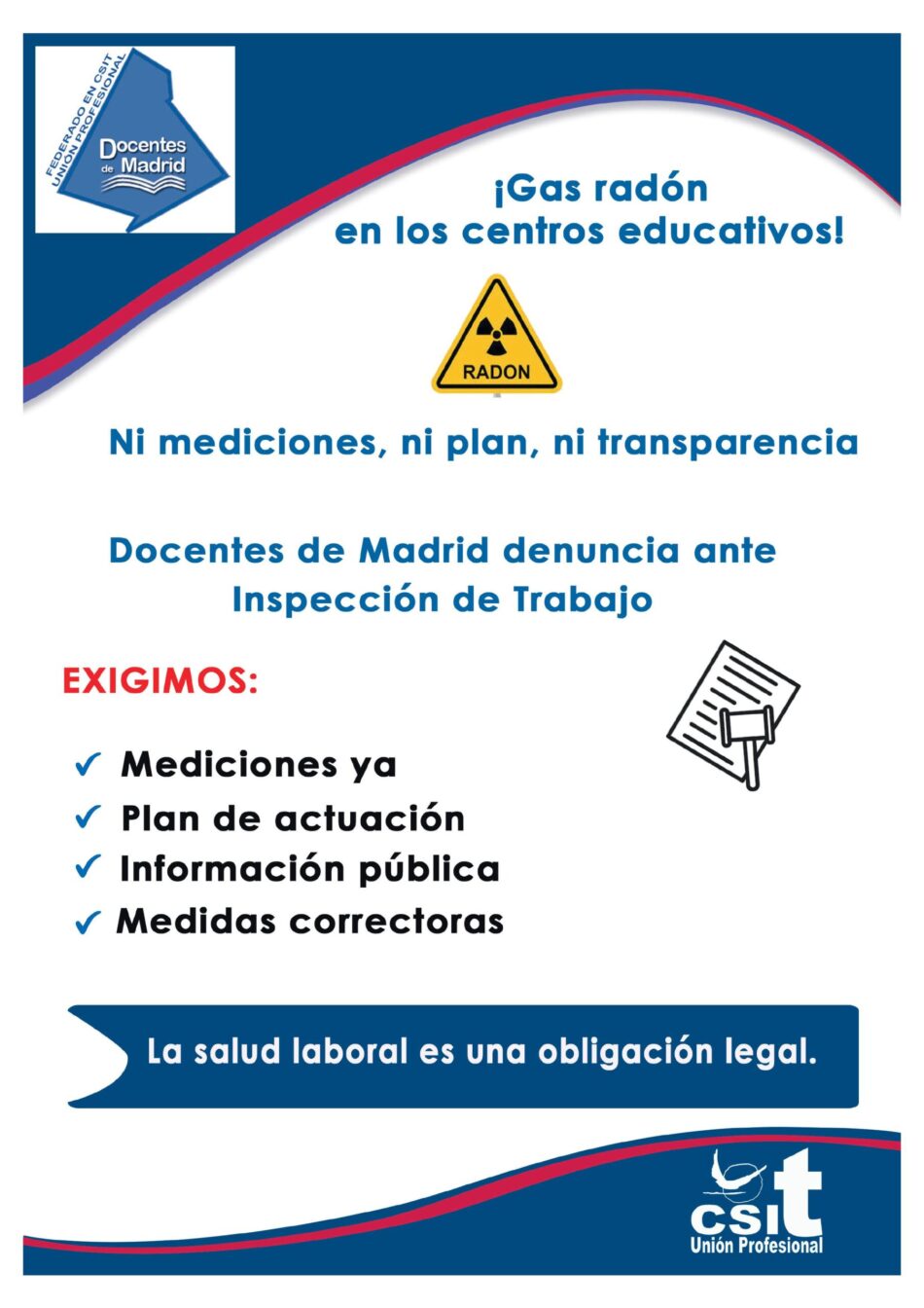 Docentes de Madrid desmiente a la Consejería de Educación y denuncia ante Inspección de Trabajo la ausencia de mediciones de gas radón en los centros educativos