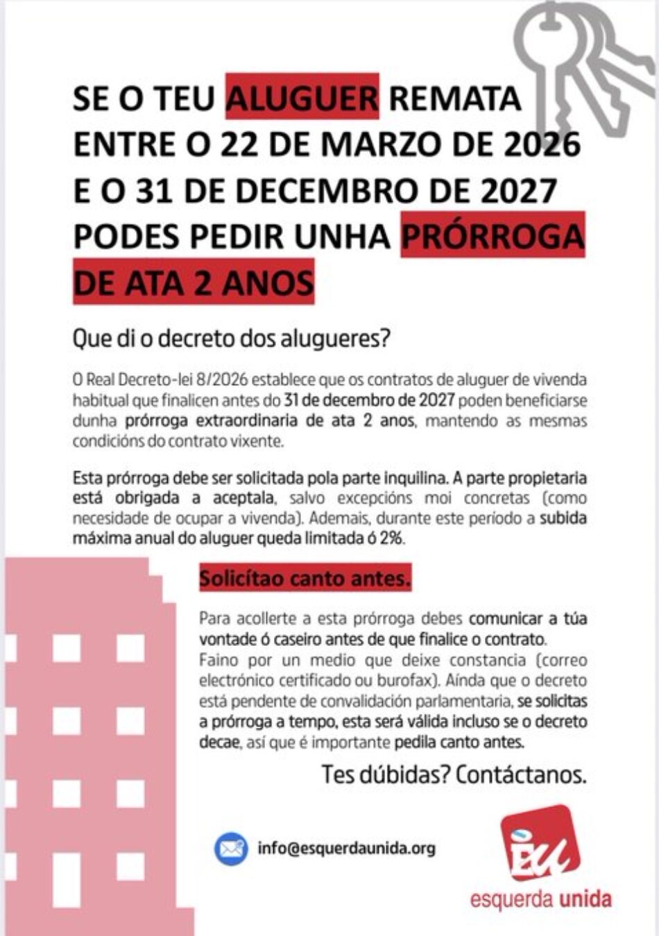 Esquerda Unida está impulsando una campaña en Galicia para proteger la extensión de los alquileres