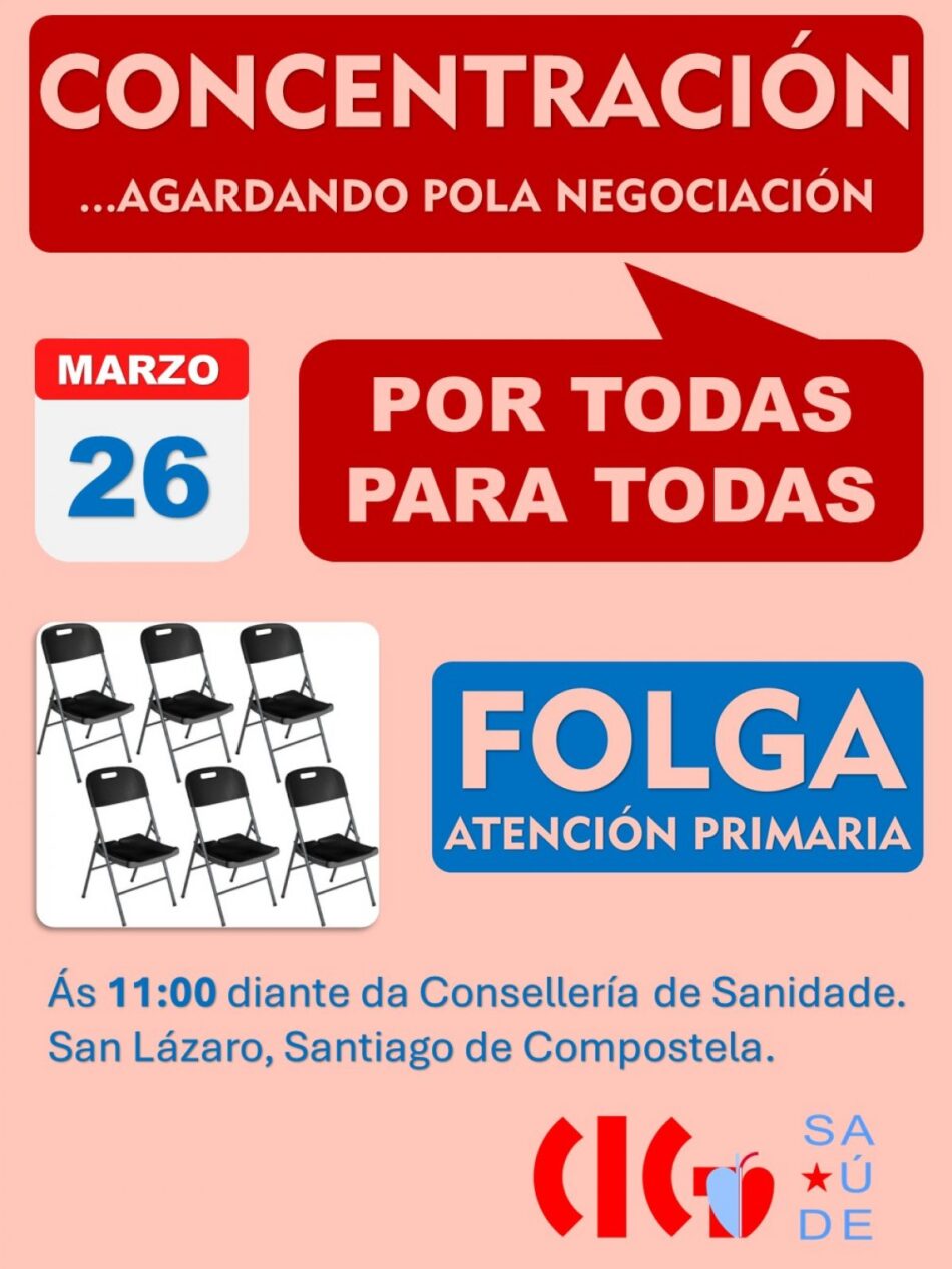A CIG-Saúde mobilizarase este xoves diante da Consellaría con motivo da nova xornada de folga na Atención Primaria