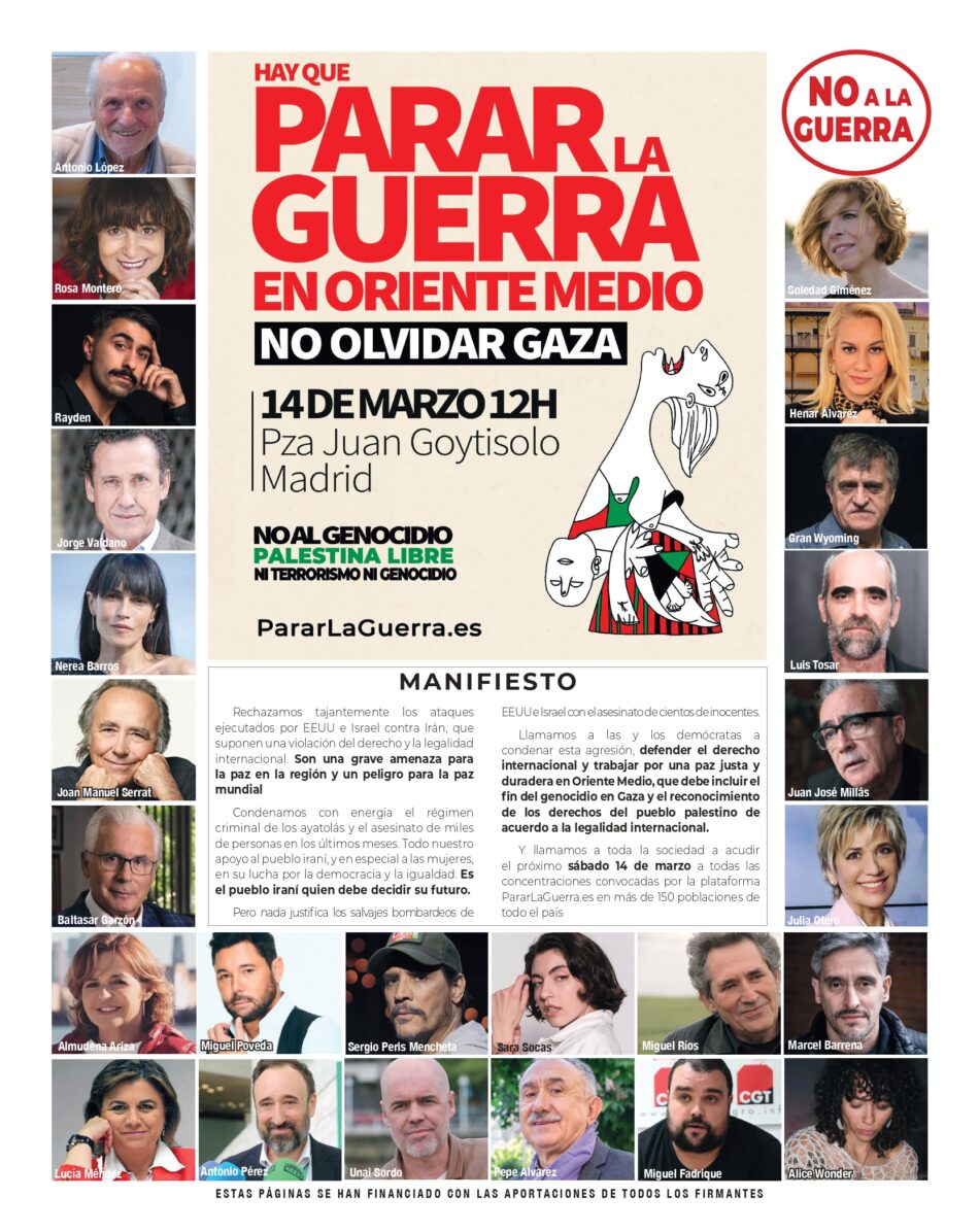 Más de 200 personalidades apoyan una jornada estatal de movilización contra la guerra en Oriente Medio el sábado 14 de marzo