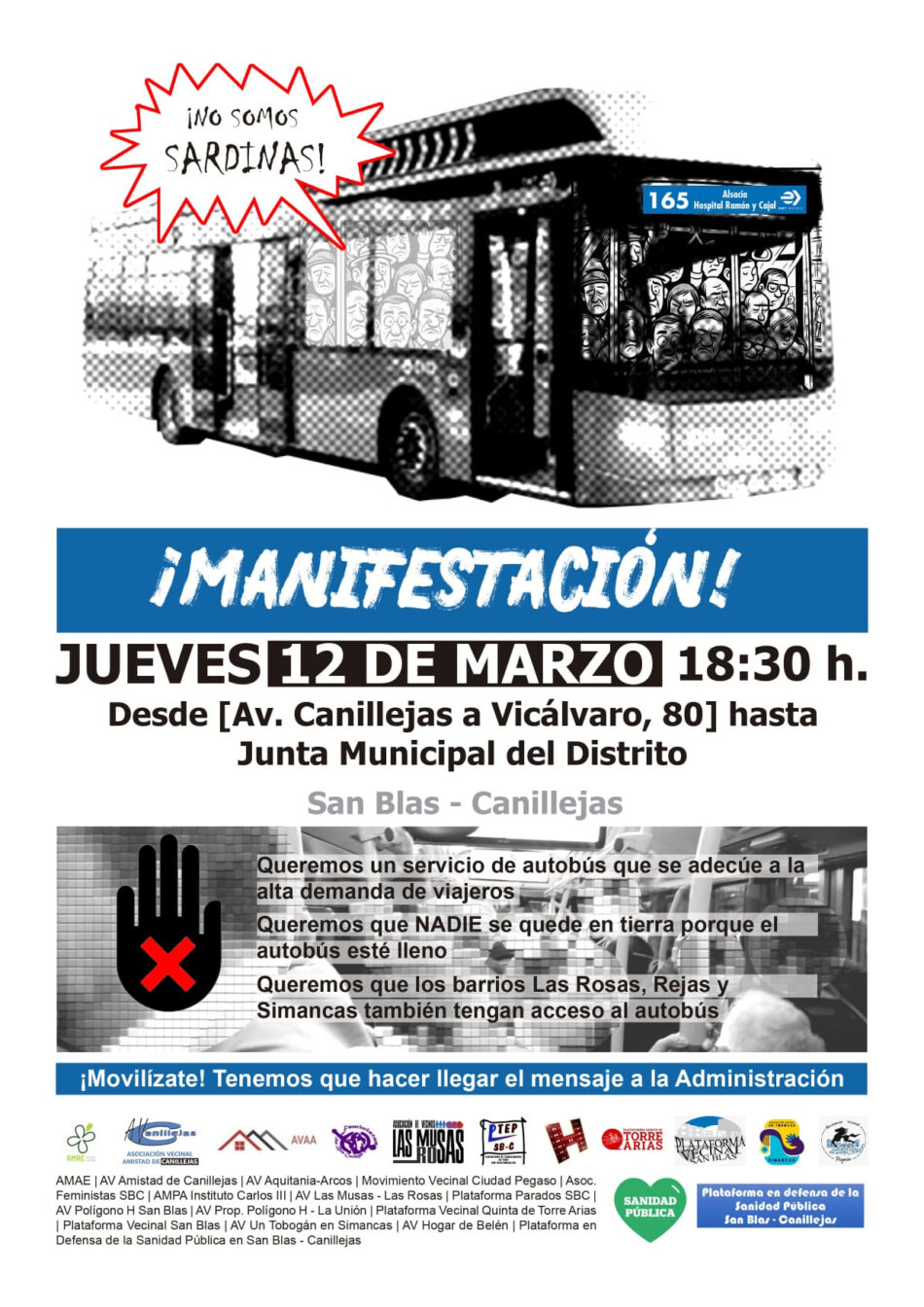 Manifestación en San Blas para exigir mejores frecuencias y más paradas en la línea de autobús del hospital Ramón y Cajal (Madrid)