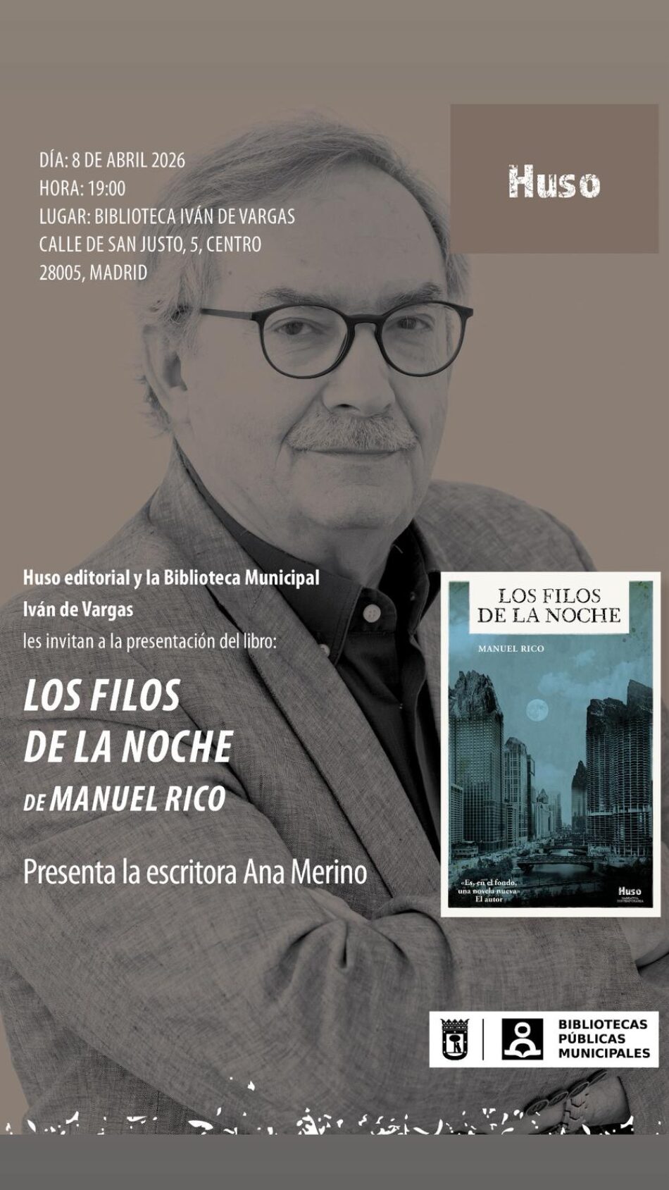 El escritor Manuel Rico presentará su novela “Los filos de la noche” este miércoles en Madrid