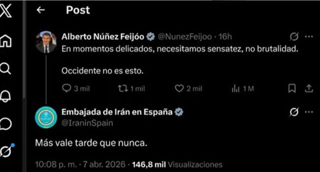 Embajada de Irán a Feijóo: «Más vale tarde que nunca»