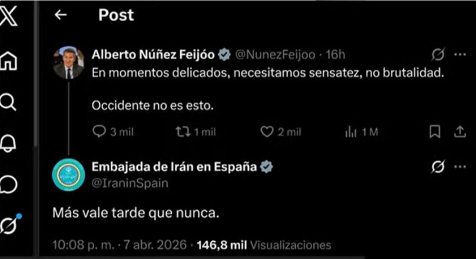 Embajada de Irán a Feijóo: «Más vale tarde que nunca»