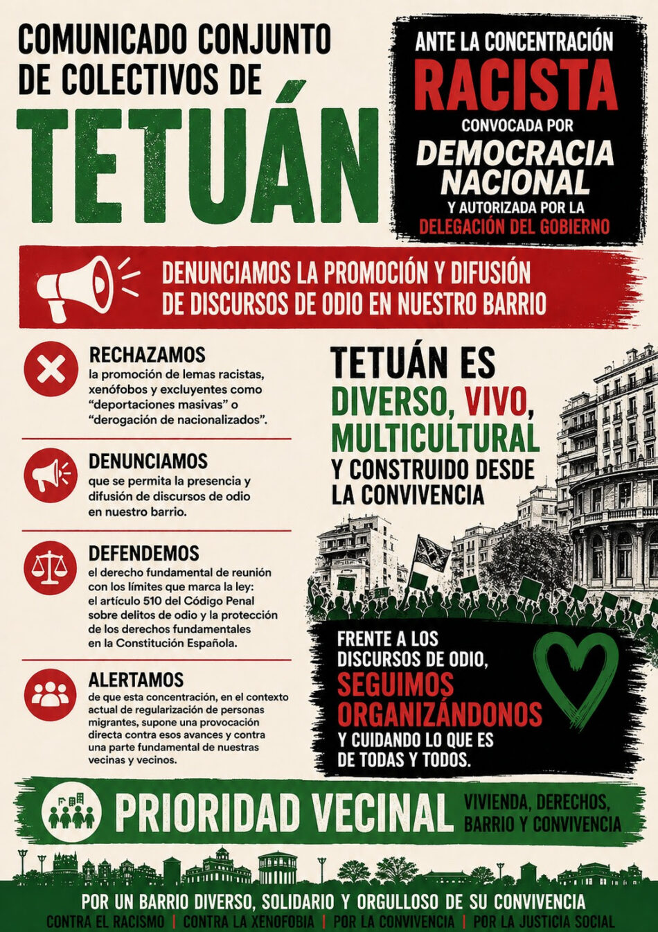 Colectivos de Tetuán piden a Delegación del Gobierno de Madrid que impida la concentración racista y xenófoba prevista para hoy jueves en el barrio