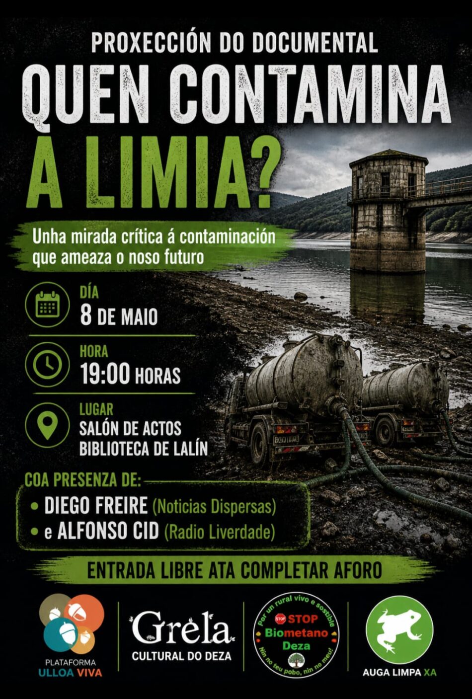 Proxección do documental “Quen contamina a Limia?” no salón de actos da biblioteca de Lalín: 8 de maio ás 19 horas