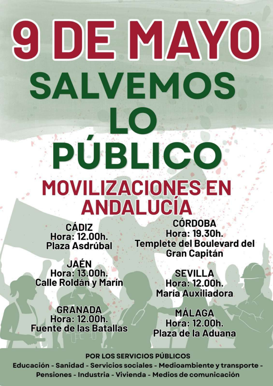 La Coordinadora Andaluza de Movimientos Sociales lanza un manifiesto unitario y convoca movilizaciones para el 9 de mayo bajo el lema «Salvemos lo Público»