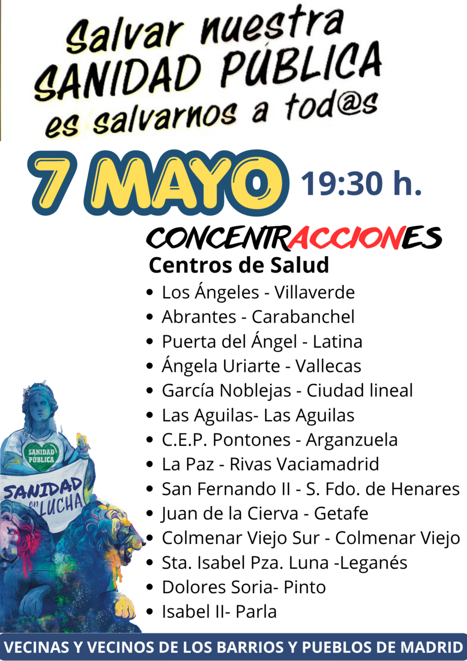 Vecinas y vecinos de los Barrios y Pueblos de Madrid por la Sanidad Pública se concentran este 7 de mayo: «Los centros de salud revientan»