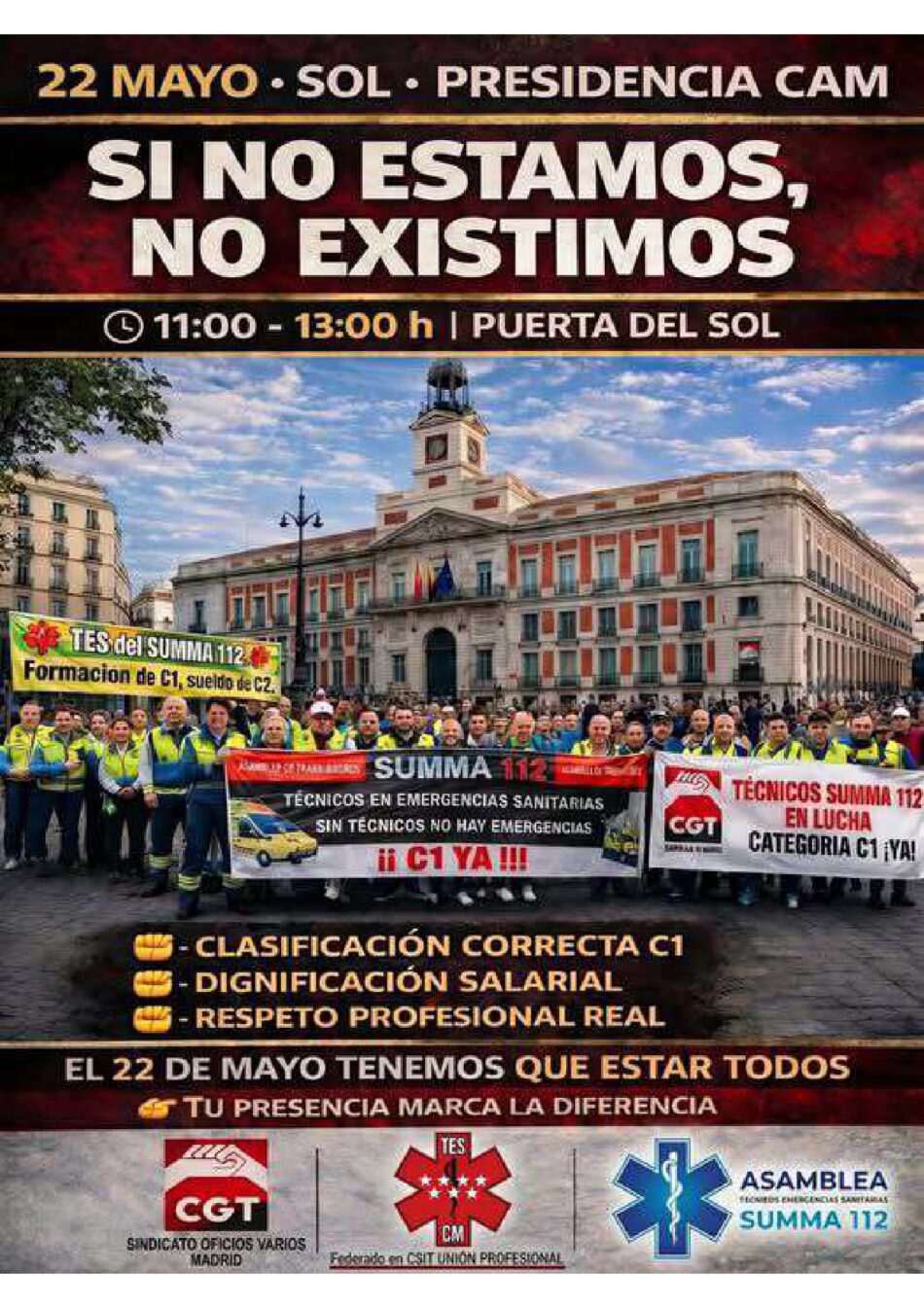 Clasificación C1, dignificación salarial y respeto profesional: Los TES del SUMMA 112 llevan sus reivindicaciones a la Puerta del Sol