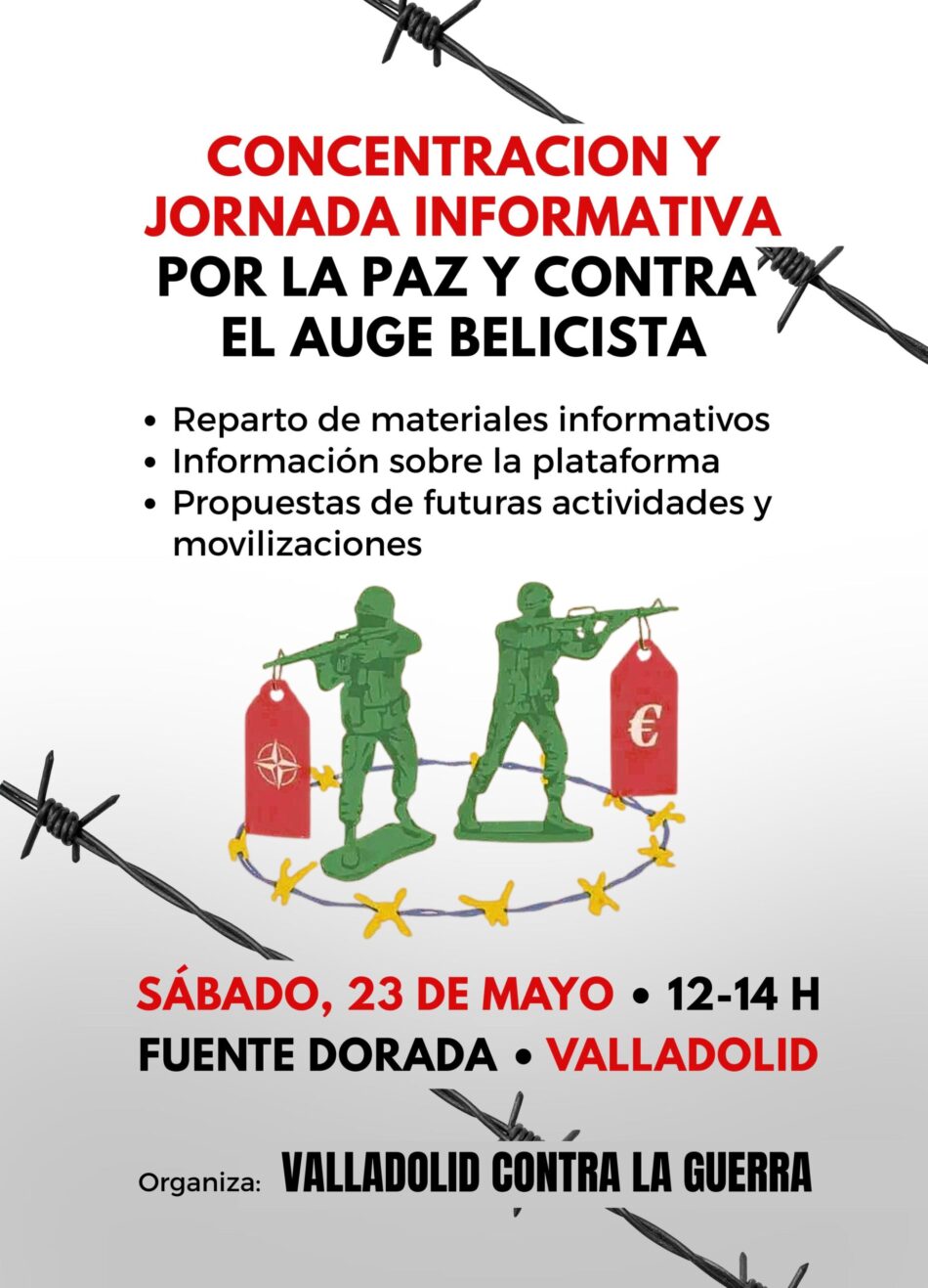 La plataforma «Valladolid contra la Guerra» convoca este sábado en Fuente Dorada una concentración y jornada informativa por la paz y contra la escalada belicista