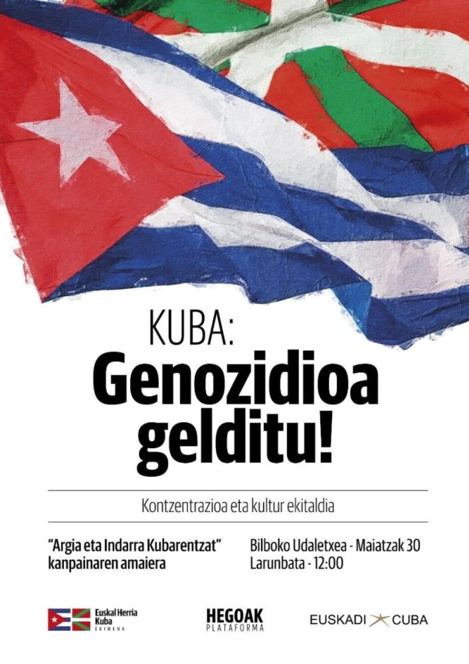 Virginia Imaz y Xabi San Sebastián pondrán broche de oro a la campaña solidaria de placas solares para hospitales de Cuba, tras la concentración «Kuba: Genozidioa Gelditu», este sábado en Bilbao