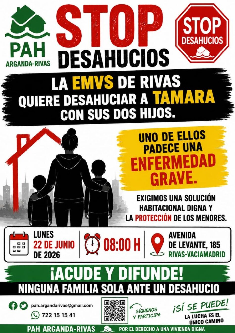 La PAH de Arganda-Rivas exige al Ayuntamiento que paralice el «desahucio exprés» de una madre con un hijo gravemente enfermo