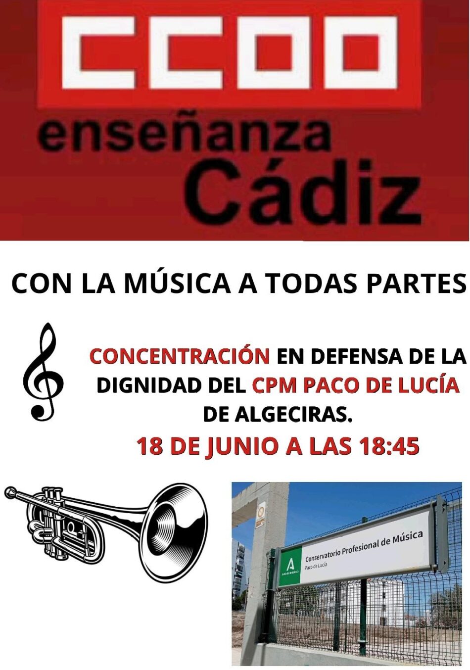 CCOO exige un edificio propio para el Conservatorio ‘Paco de Lucía’ de Algeciras tras 37 años de provisionalidad y 5 mudanzas.
