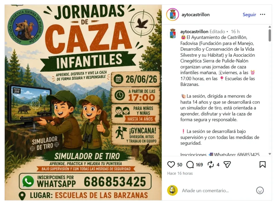 Él dispara y ella mira: un ayuntamiento asturiano gobernado por el PP fomenta la caza entre los niños con un anuncio machista