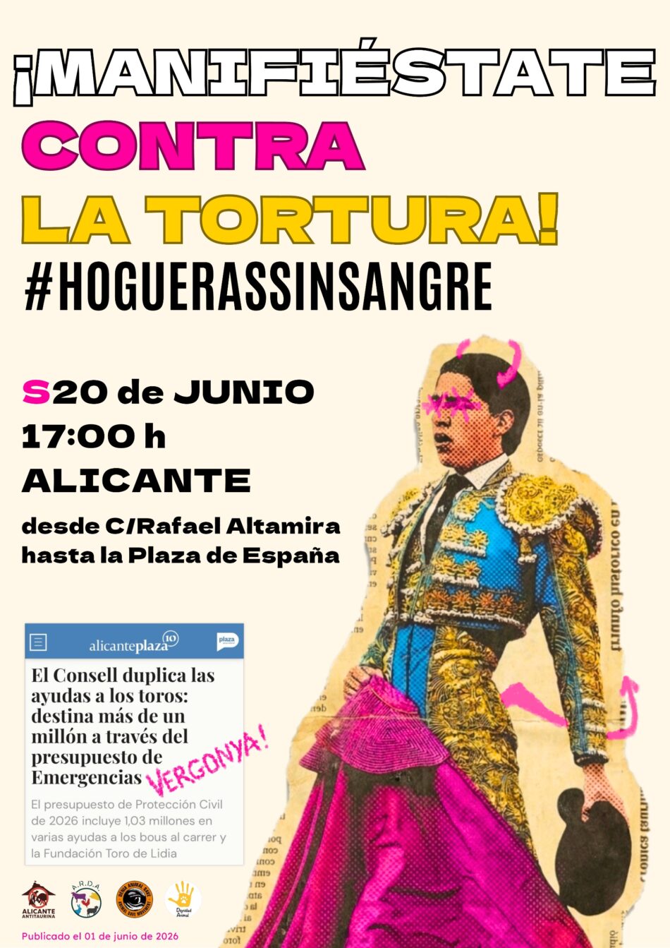 «Hogueras sin sangre»: convocan una protesta contra la tauromaquia en plenas fiestas de Alicante