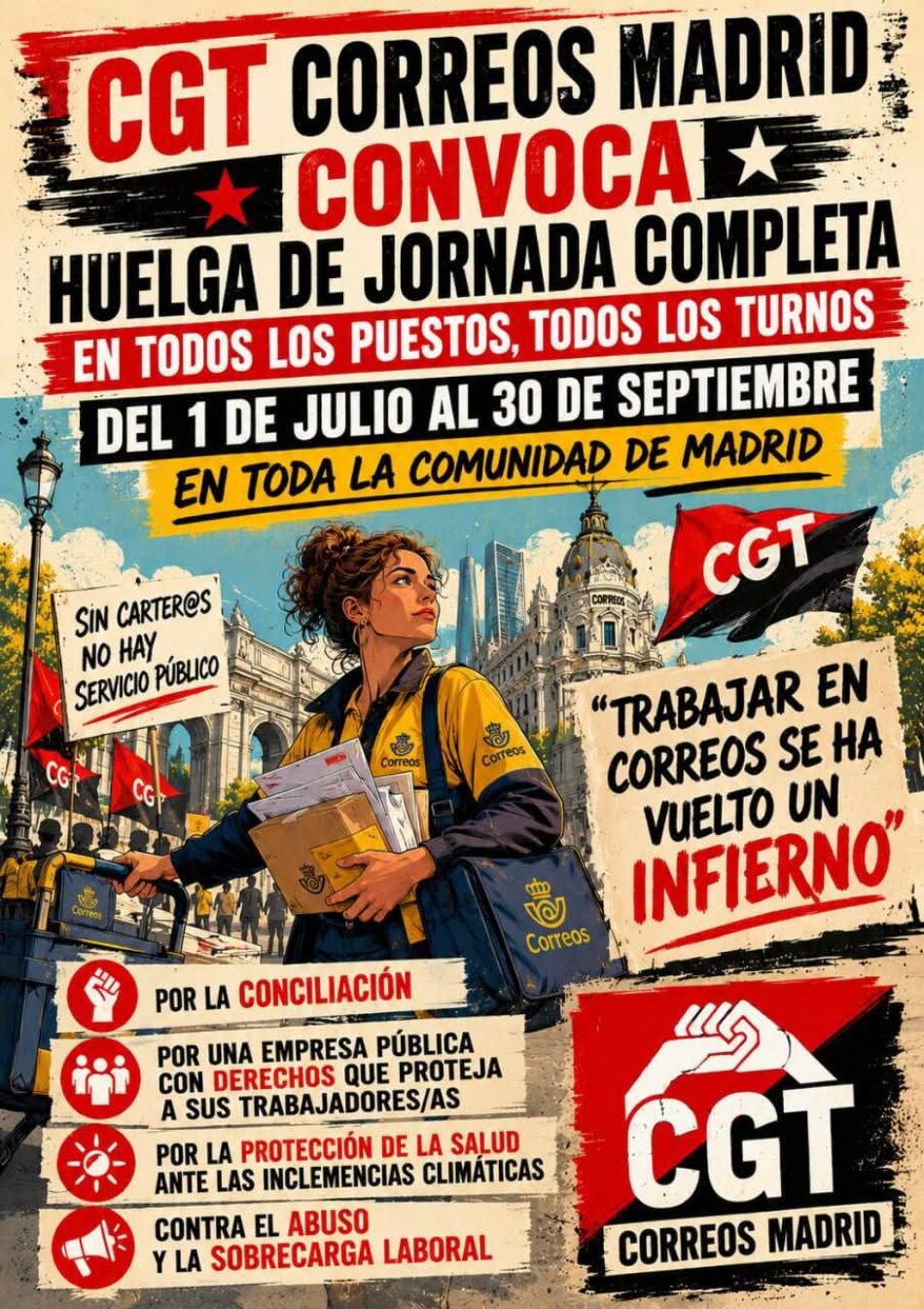 CGT Correos anuncia huelgas este verano en toda la Comunidad de Madrid, del 1 de julio al 30 de septiembre