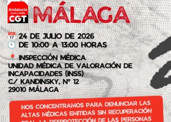 Convocan acción de protesta ante la Inspección médica del Instituto Nacional de la Seguridad Social (INSS) de Málaga  contra la criminalización de quienes enferman el 24 de julio