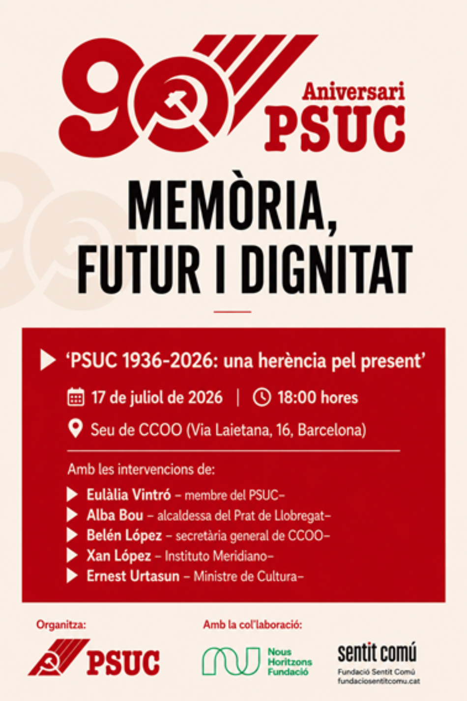 El ministre Urtasun encapçala l’acte central del 90è aniversari del PSUC