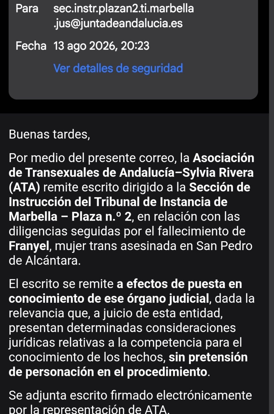 ATA lleva ante la Justicia y el Gobierno el caso de Franyel para exigir su reconocimiento como víctima de violencia machista