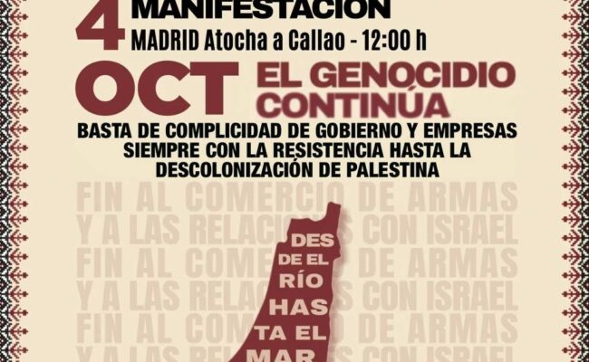 Nueva ola de solidaridad con Palestina: RESCOP convoca los días 3 y 4 de octubre manifestaciones en decenas de ciudades españolas bajo el lema «el genocidio continúa»