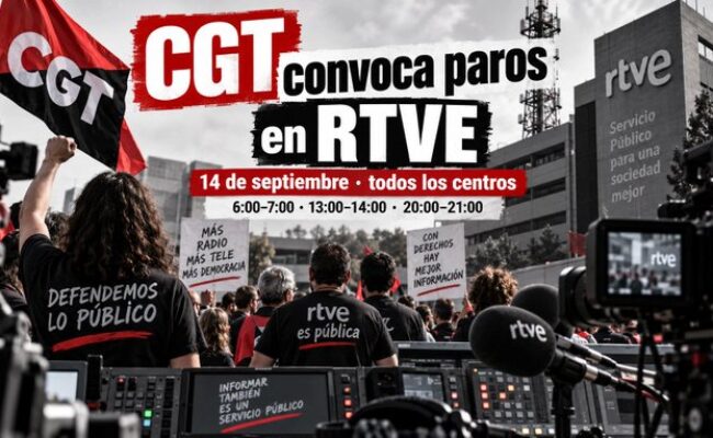 CGT convoca paros para todas las personas trabajadoras de RTVE el 14 de septiembre de 2026